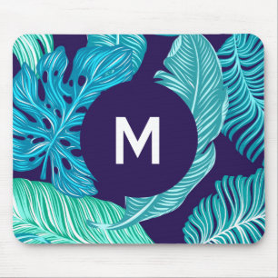 Tropical Green Blue Leaves Pattern Monogram Mouse Mat