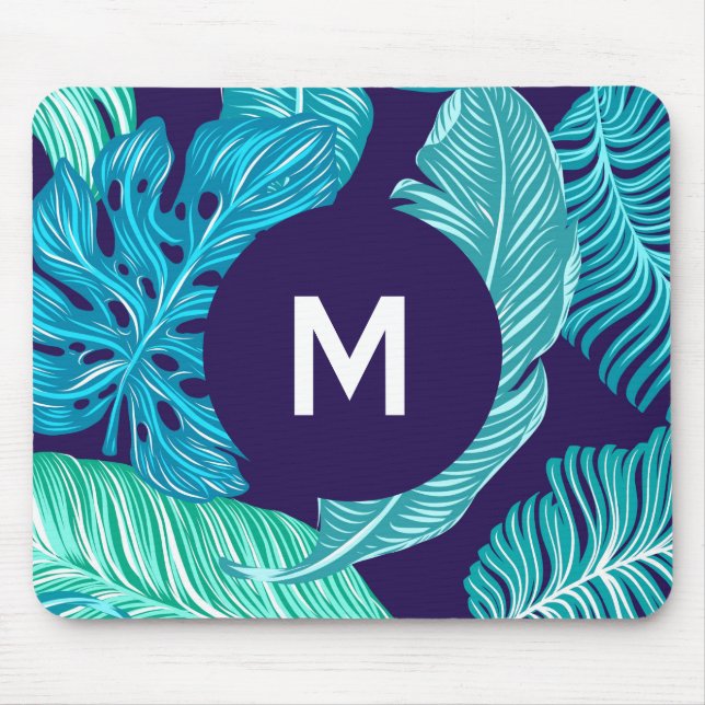 Tropical Green Blue Leaves Pattern Monogram Mouse Mat (Front)