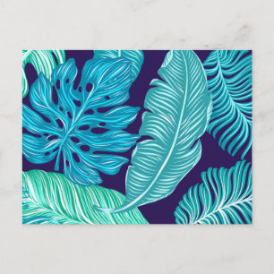 Tropical Green Blue Leaves Pattern Postcard