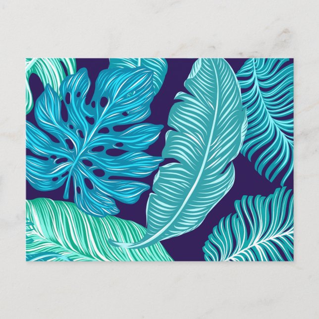 Tropical Green Blue Leaves Pattern Postcard (Front)