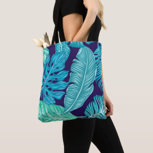 Tropical Green Blue Leaves Pattern Tote Bag
