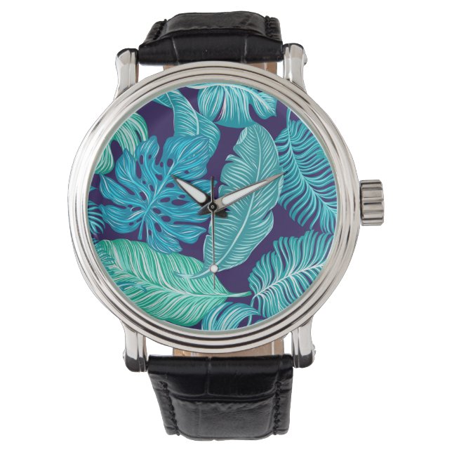 Tropical Green Blue Leaves Pattern Watch (Front)