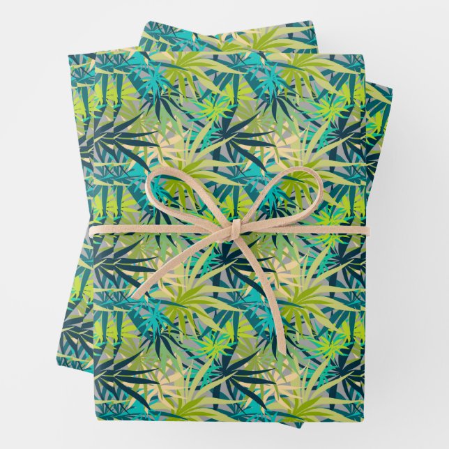 Tropical Green Blue Palms Wrapping Paper Sheet (In situ)