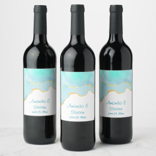 Tropical Green Blue with Gold Border Wedding Wine Label