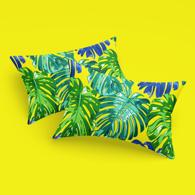 Tropical Green Blue Yellow Monstera Jungle Leaves Pillowcase (Creator Uploaded)