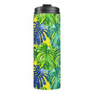 Tropical Green Blue Yellow Monstera Jungle Leaves Thermal Tumbler