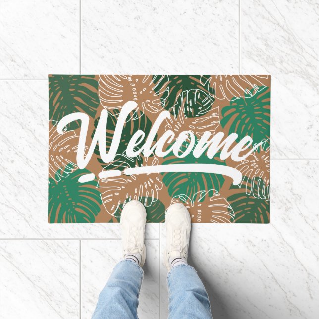 Tropical Green Brown Leaves  Script Welcome  Doormat (Indoor)