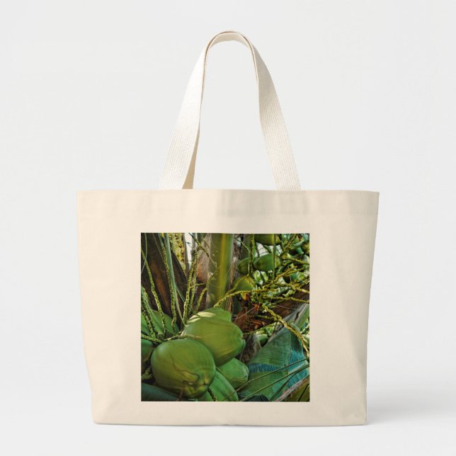 Tropical Green Coconuts Island Palm Trees Large Tote Bag (Front)
