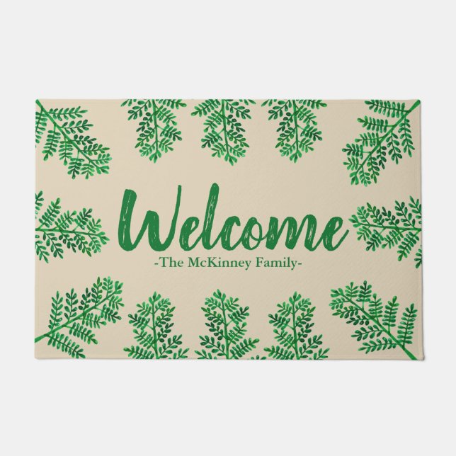 Tropical Green Fern Foliage & Family Name Welcome Doormat (Front)