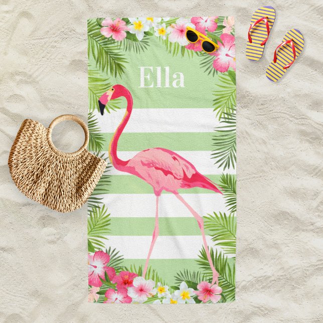 Tropical Green Flamingo Stripe Monogram Beach Towel (Creator Uploaded)