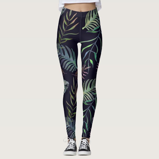 Tropical green foliage palm leaf navy blue leggings (Front)
