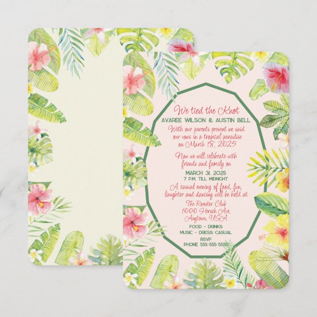 Tropical Green Foliage Red Hibiscus Invitation (Front/Back)
