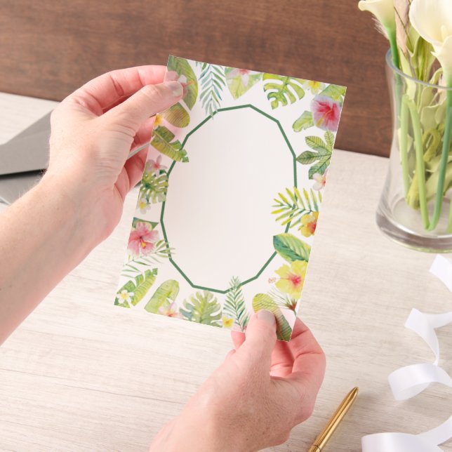 Tropical Green Foliage Red Hibiscus Vellum Invitations (Handheld)