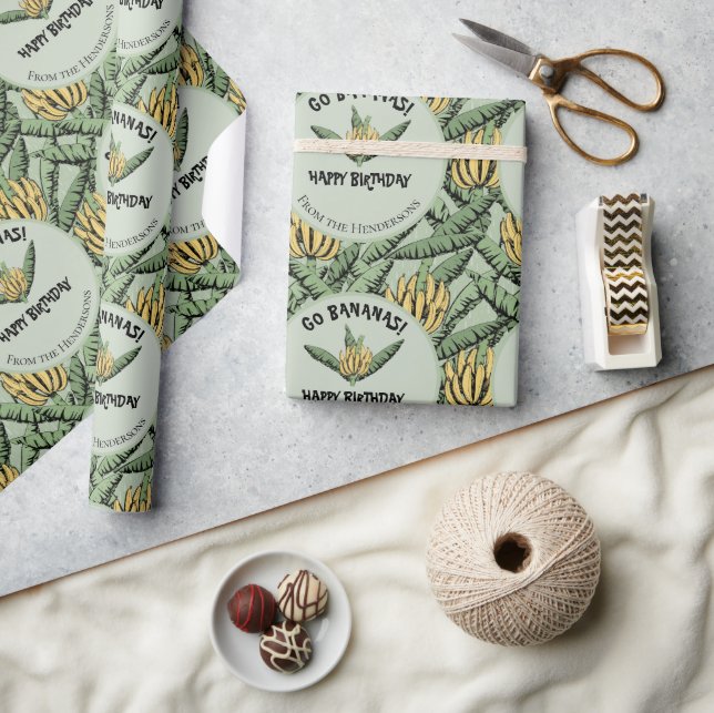 Tropical Green Go Bananas Happy Birthday Banana Wrapping Paper (Crafts)
