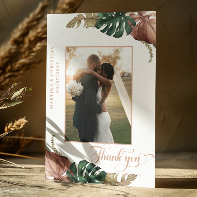 Tropical Green Gold Bronze Leaves Wedding  Thank You Card (Creator Uploaded)