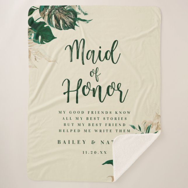Tropical Green & Gold Foliage Maid of Honour Quote Sherpa Blanket (Front)