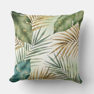 Tropical Green & Gold Leaves Decorative Pillow
