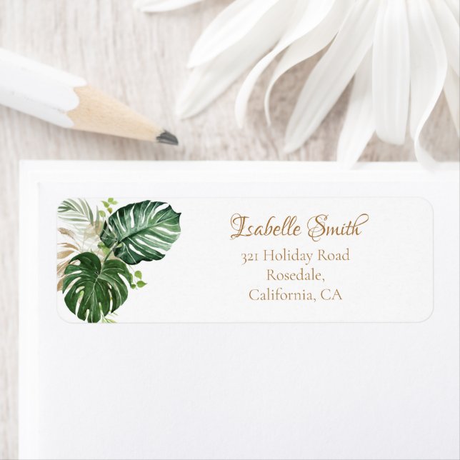 Tropical Green Gold Monstera Leaves Return Address (Insitu)