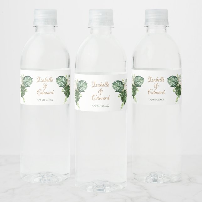 Tropical Green & Gold Monstera Leaves Water Bottle Label (Bottles)