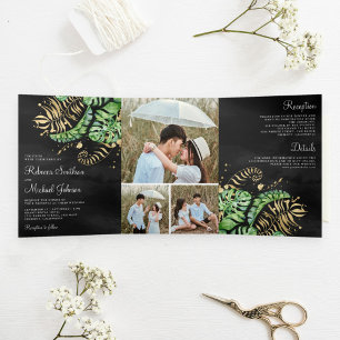 Tropical Green Gold Monstera Palm Black Wedding Tri-Fold Invitation