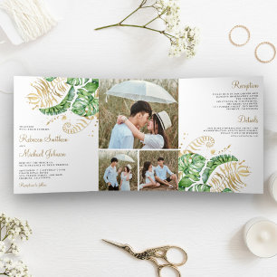 Tropical Green Gold Monstera Palm Leaves Wedding Tri-Fold Invitation