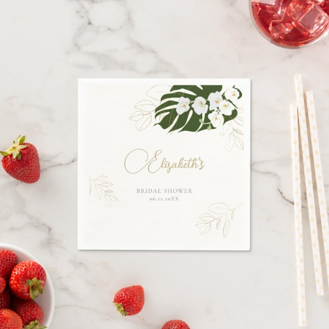 Tropical Green Gold Orchids Elegant Bridal Shower Napkin (Insitu)