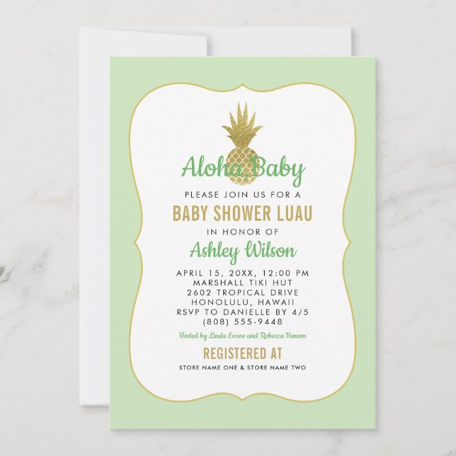 Tropical Green Gold Pineapple Baby Shower Luau Invitation (Front)