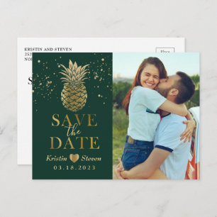 Tropical Green Gold Pineapple Photo Save the Date Postcard