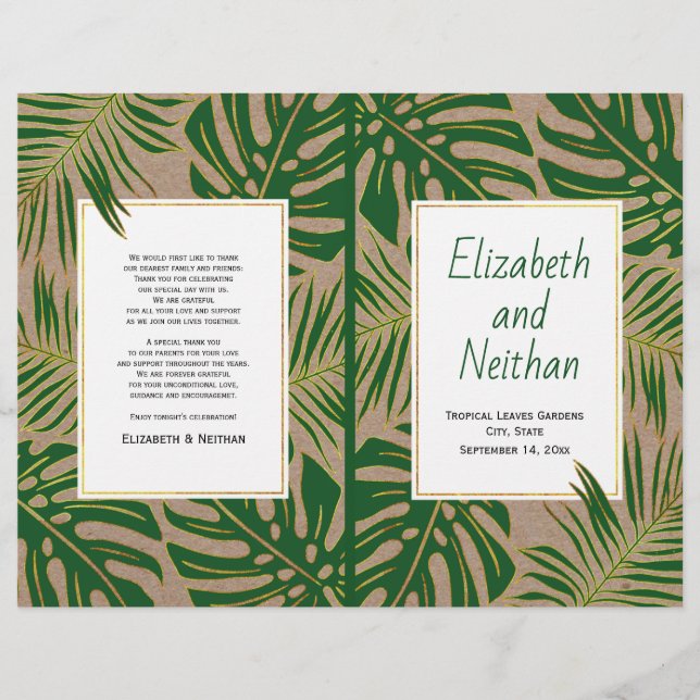 Tropical green gold rustic bi-fold wedding program (Front)