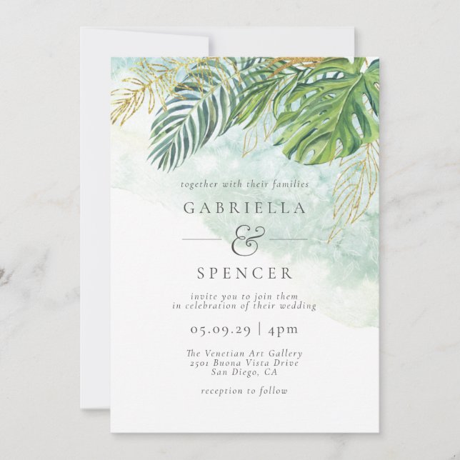 Tropical Green Gold Watercolor Leaves Wedding Invitation (Front)