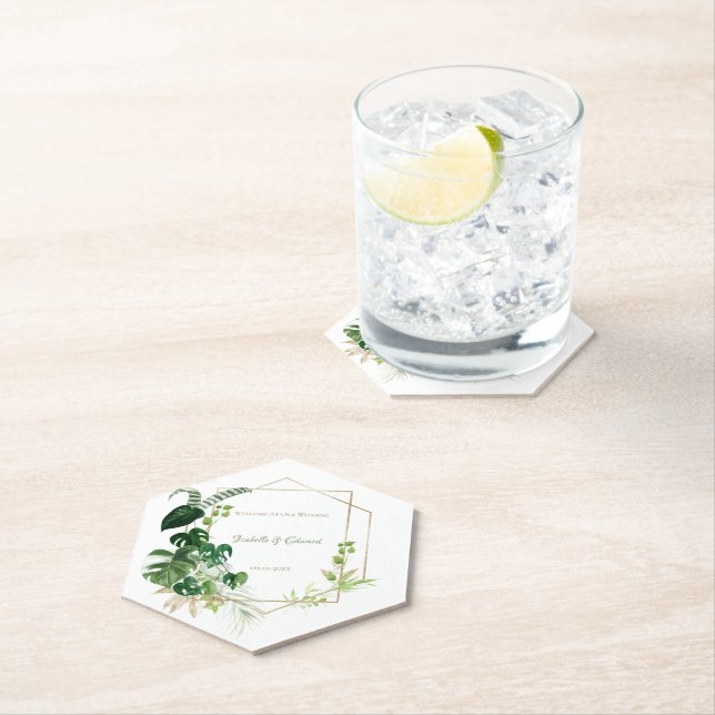 Tropical Green & Gold Watercolor Palm Leaves Paper Coaster (Insitu)