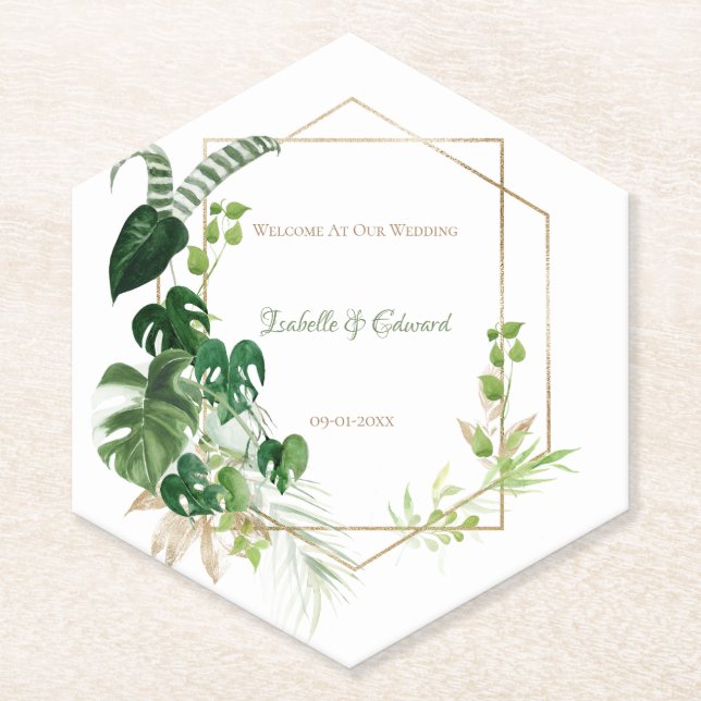 Tropical Green & Gold Watercolor Palm Leaves Paper Coaster (Front)