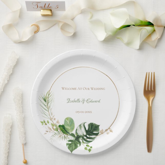 Tropical Green & Gold Watercolor Palm Leaves Paper Plate (Wedding)