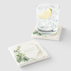 Tropical Green & Gold Watercolor Palm Leaves Stone Coaster