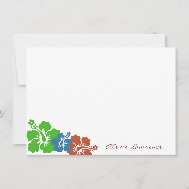 Tropical green hibiscus flowers custom stationery note card (Front)