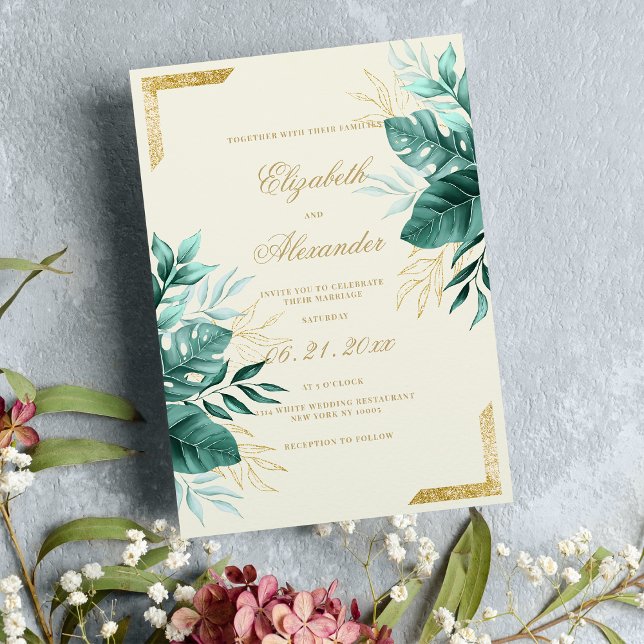Tropical green ivory gold glitter floral wedding invitation (Tropical green ivory gold glitter floral wedding )