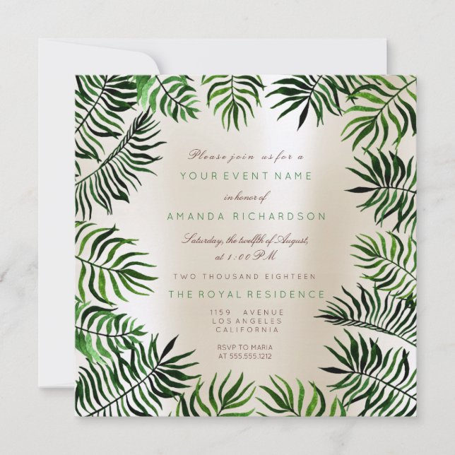 Tropical Green Ivory Palm Leafs Frame Floral Invitation (Front)