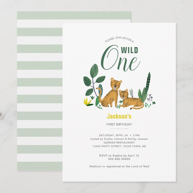 Tropical green Jungle Boy Tiger Animal Striped Invitation (Front/Back)