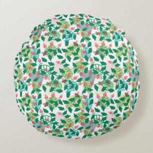 Tropical Green Leaf and Red Flower Pattern Round Cushion