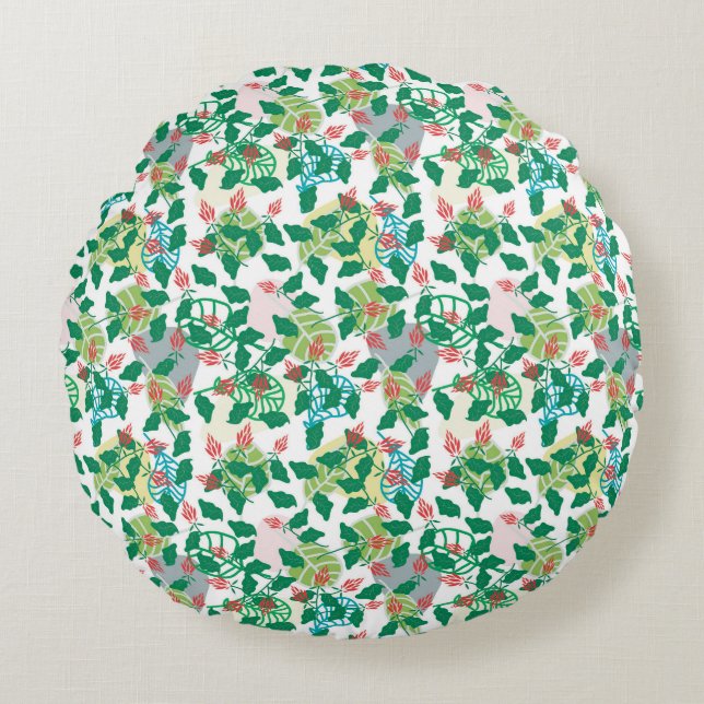 Tropical Green Leaf and Red Flower Pattern Round Cushion (Front)