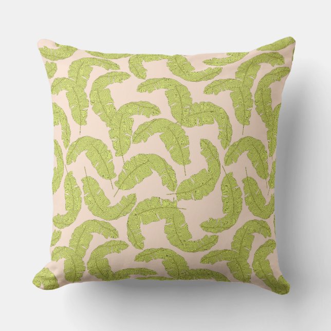 Tropical Green Leaf Cushion Soft Pink Background (Front)