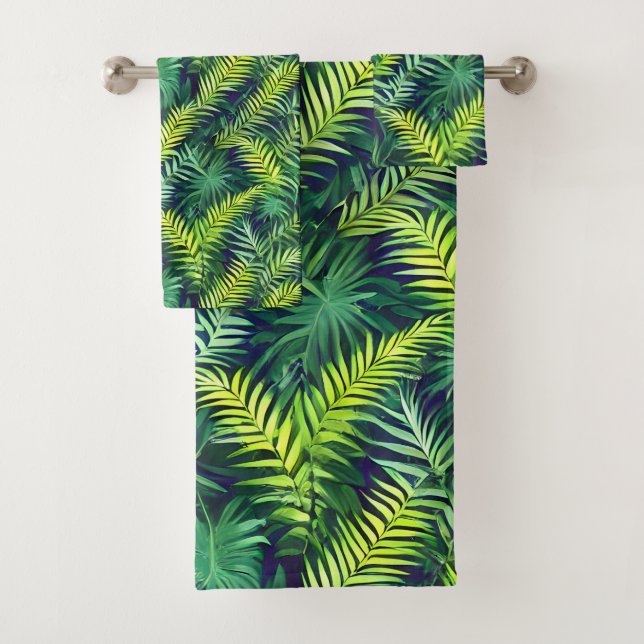 Tropical Green Leaf Fern Pattern Bath Towel Set (Insitu)