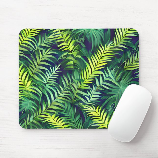Tropical Green Leaf Fern Pattern Mouse Mat (With Mouse)