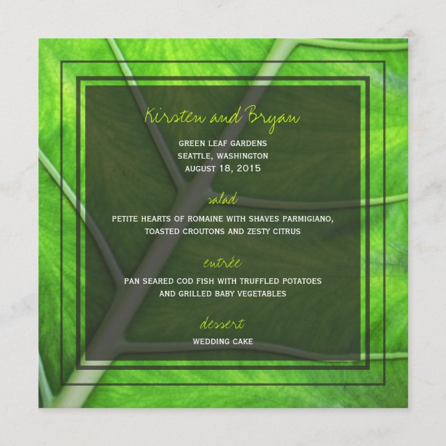 Tropical Green Leaf Photo Modern Wedding Menu Card (Front)