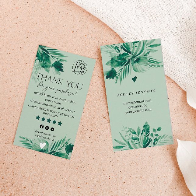 Tropical green leaf review order thank you business card (Creator Uploaded)
