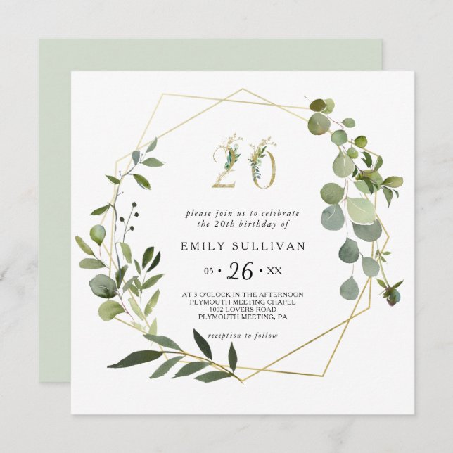 Tropical Green Leaves 20th Birthday Party Invitation (Front/Back)
