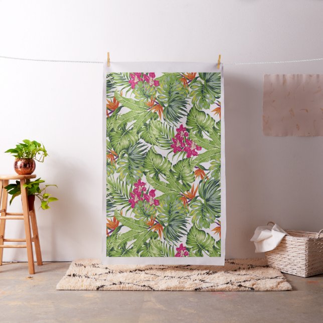 Tropical Green Leaves and Pink Floral  Fabric (In Situ)