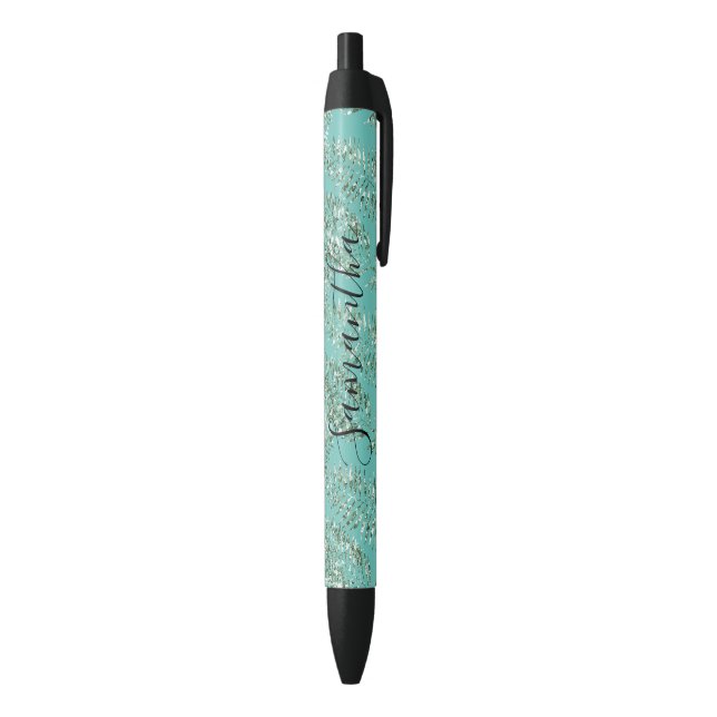 Tropical Green Leaves Glitter Personalised  Black Ink Pen (Bottom (Vertical))