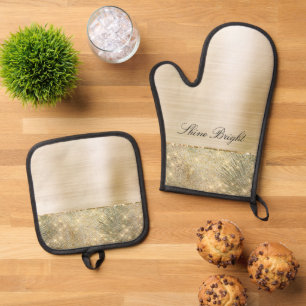 Tropical Green Leaves Gold Sparkle Oven Mitt & Pot Holder Set