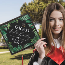 Tropical Green Leaves Graduation Cap Topper